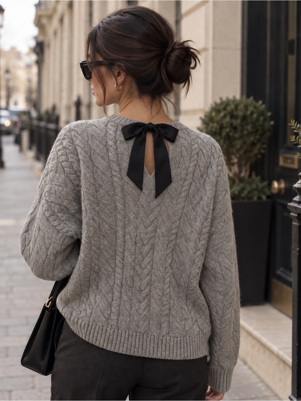 NWT J.Crew Lambswool Cable Knit Tie-Back Bow Sweater Gray M BV361